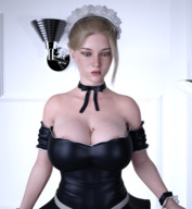 drawing cleavage huge_breasts collar shrunken_man looking_down maid_uniform indoors digital_render hair_bun daniel3gp
