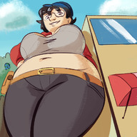 drawing giantess city black_hair glasses smiling short_hair unknown_artist looking_down outdoors bare_midriff