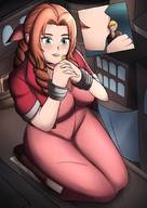 drawing gentle giantess color handheld green_eyes brunette final_fantasy final_fantasy_7 kneeling aerith_gainsborough kissing