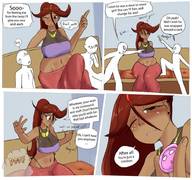 drawing comic color large_breasts long_hair brunette ponytail mini_giantess sitting dark_skin genie teniko dialogue panels legs_crossed