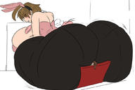 drawing giantess blushing bunny_ears butt_crush huge_breasts short_hair unknown_artist sitting looking_down pinned indoors big_butt hairband