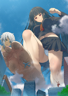 giantess white_hair panties city upskirt black_hair large_breasts long_hair toes barefoot buildings soles short_hair unknown_artist airplane giantesses dark_skin clouds outdoors raised_foot