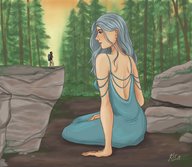 drawing gentle giantess color long_hair dress sitting forest grey_hair trees rocks cliff looking_at_tiny hiking