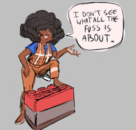 drawing black_hair clothed barefoot big shrunken_woman dark_skin dialogue brick lego no_background afro nova_november