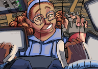 drawing giantess long_hair mecha clothed glasses brunette smiling dark_skin point_of_view hairband cockpit hand_holding benboston