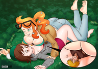 drawing giantess pokemon blushing long_hair butt clothed barefoot soles glasses brunette red_hair ponytail lying_down short_hair looking_down open_mouth giantesses pants outdoors closed_eyes commission between_breasts nightingale122 dynamax sonia_(pokemon) dakunart pokemon_sword_and_shield gloria_(pokemon) leon_takayashi