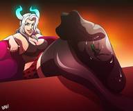 drawing white_hair feet horns color cleavage sweat green_hair shrunken_woman looking_at_viewer in_sock bearsafterbunnies