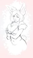 giantess monochrome large_breasts clothed demoness shrunken_woman sketch rabbit_girl digital_render between_breasts