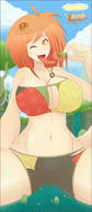 breasts drawing giantess vore mega color large_breasts cleavage bra water yellow_eyes sitting portal between_fingers long_tongue orange_hair looking_at_victim windmill makeshift_clothing flower_in_hair bare_midriff primiotish