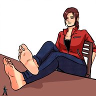 breasts drawing color barefoot brunette unknown_artist sitting table chair shrunken_person jacket claire_redfield resident_evil no_background looking_at_tiny leon_kennedy police_officer