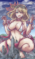 drawing giantess panties giga city blonde color destruction barefoot cleavage bra glasses red_eyes embernaga