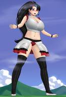 drawing giantess panties blushing upskirt black_hair color large_breasts long_hair cleavage unknown_artist looking_down mountains heterochromia