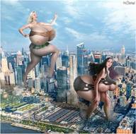 giantess city blonde black_hair long_hair destruction huge_breasts bending_over running giantesses outdoors big_butt ripped_clothing thick_thighs hellresident