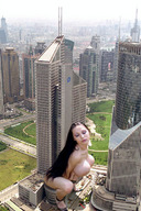 breasts giantess collage nude masturbation city mega black_hair large_breasts long_hair high_heels sitting