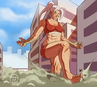 breasts drawing giantess white_hair crush feet city mega color barefoot ponytail muscles shorts sports_bra pedroruizart