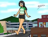 drawing giantess city black_hair color barefoot walking looking_down bystanders foot_prints zyza0123