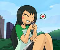 drawing gentle giantess city black_hair color handheld heart closed_eyes zyza0123