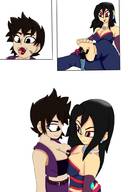 drawing vore black_hair long_hair tongue toes barefoot cleavage soles short_hair unknown_artist foot_worship open_mouth panels no_background between_breasts
