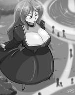 giantess blushing monochrome long_hair cleavage huge_breasts dress unknown_artist looking_down outdoors choker