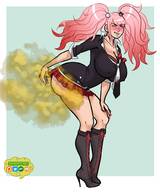 drawing clothed cleavage skirt huge_breasts pink_hair boots twintails fart bending_over no_background junko_enoshima danganronpa swampyart