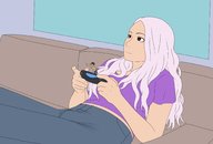 drawing long_hair futanari smiling pink_hair sitting bulge shrunken_woman indoors sofa pointing video_games bytesized4