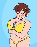 drawing blushing huge_breasts brunette underwear smiling short_hair hugging freckles closed_eyes no_background hair_clip between_breasts bytesized4