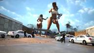 giantess large_breasts long_hair destruction rampage multiple_sizes police giantesses vehicles outdoors pointing digital_render amgipi