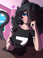 drawing gentle tail black_hair color long_hair blue_eyes cat_ears shrunken_woman hugging cat_girl june on_shoulder mspaintgts evalia