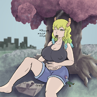 drawing vore horns blonde long_hair cleavage huge_breasts tree unknown_artist sitting outdoors rubbing_belly picnic_basket