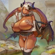 drawing giantess white_hair horns tail wings color fantasy handheld huge_breasts skeleton monster_girl dragon_girl looking_at_victims thick_thighs skimpy_clothing undead