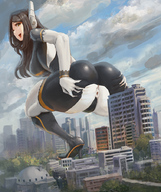 giantess city large_breasts long_hair tongue high_heels brunette boots unknown_artist bending_over outdoors crouching looking_back big_butt skintight_clothing
