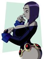 drawing color large_breasts butt purple_hair purple_eyes raven teen_titans short_hair looking_down falling belt dropped leotard no_background dc_comics anon bare_legs grey_skin ravenravenraven between_breasts