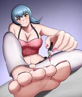 breasts drawing pokemon feet blushing color blue_hair smiling shrunken_man pink_nails nail_polish charlydibu sabrina_(pokemon) medium_hair
