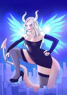 drawing giantess white_hair horns tail wings city large_breasts long_hair destruction cleavage high_heels stockings purple_eyes dress unknown_artist outdoors sharp_nails
