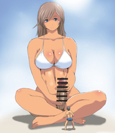 drawing gentle color futanari penis cleavage bra censored legs_crossed ビク太 bikuta no_background looking_at_tiny