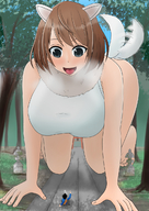 drawing giantess blushing tail color large_breasts brunette crawling looming looking_down forest outdoors dog_girl looking_at_tiny orenji