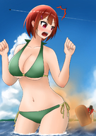 bikini drawing giantess blushing color cleavage water red_eyes red_hair fart boats looking_at_tiny orenji