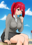 drawing giantess color red_eyes red_hair drinking sitting_on_building orenji