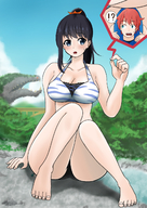 drawing blushing black_hair large_breasts long_hair clothed butt_crush ponytail sitting outdoors between_fingers big_butt pinched orenji sweat_drop