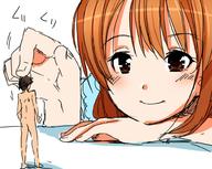 drawing nude color long_hair brunette smiling unknown_artist shrunken_man poking sweat_drop