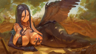 drawing wings black_hair color huge_breasts lying_down looking_down kazo froest