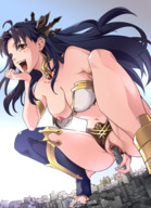 breasts drawing nipples giantess insertion pussy city mega black_hair color buildings red_eyes building_sex squatting vivian fate_(series) ishtar