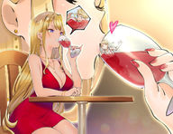 drawing blonde color long_hair cleavage purple_eyes shrunken_man red_nails in_drink bomhat