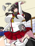 drawing blushing long_hair skirt huge_breasts brunette socks mini_giantess unknown_artist sitting looking_down indoors cramped sweat_drop