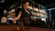 long_hair cleavage smiling ponytail sitting shrunken_man trapped indoors bar tinies braid digital_render mazewithhaze suffocating