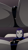 drawing color large_breasts butt climbing purple_hair raven teen_titans short_hair sitting between_legs looking_down belt leotard legs_spread on_pussy panty_entrapment dc_comics anon grey_skin skintight_clothing ravenravenraven