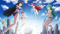 bikini drawing giantess city mega blonde black_hair color destruction blue_eyes barefoot cleavage green_eyes volleyball green_hair red_hair giantesses clouds mia summer erika narue heterochromia thedaibijin chijinda shrink_high mizuho tetsuko shukusho_gakuen