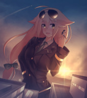 drawing gentle giantess city blonde color long_hair clothed handheld buildings fang yellow_eyes uniform open_mouth sunglasses outdoors air_force commission hand_on_hips on_finger looking_at_tiny thunderafterdark girls_frontline gtscommissions m1918_(girls_frontline)