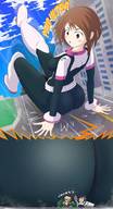 drawing giantess color buildings butt_crush brunette street medium_length_hair clouds outdoors thedaibijin my_hero_academia ochaco_uraraka