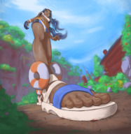 drawing giantess crush pokemon long_hair swimsuit blue_eyes blue_hair blood sandals shorts shrunken_man looking_down glove gym_leader buggysplat pokemon_sword_and_shield nessa_(pokemon)